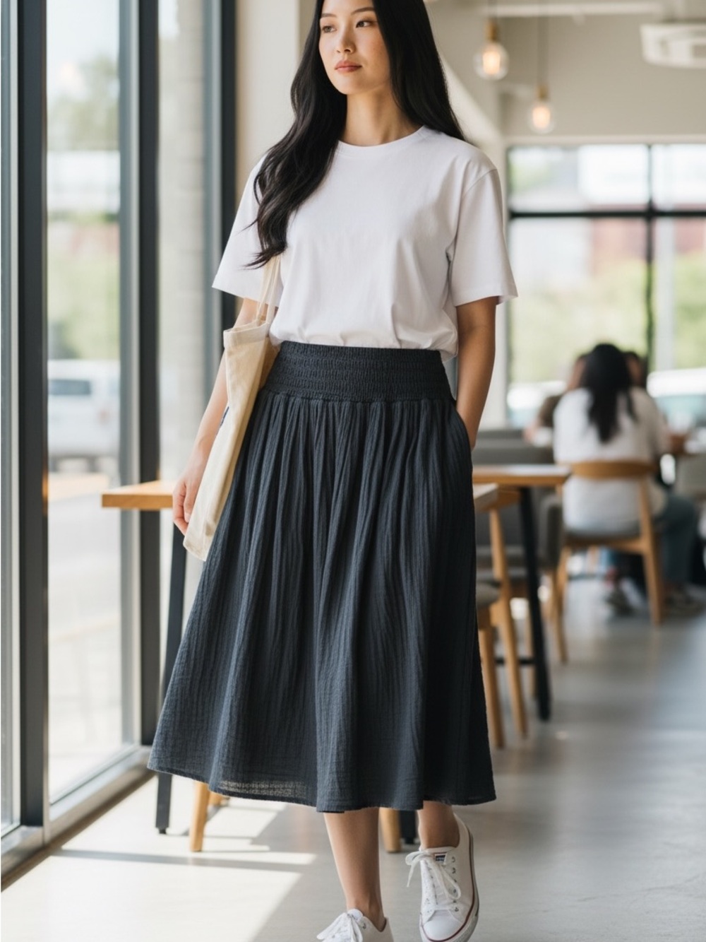 Old Navy Black Smocked-Waist Midi Skirt